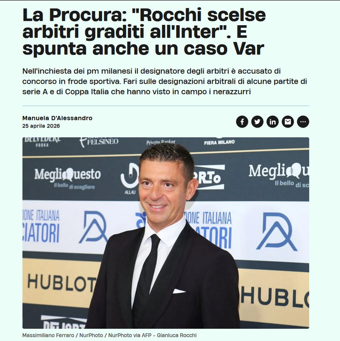 米兰检方指控罗基操纵裁判指派与VAR干预事件
